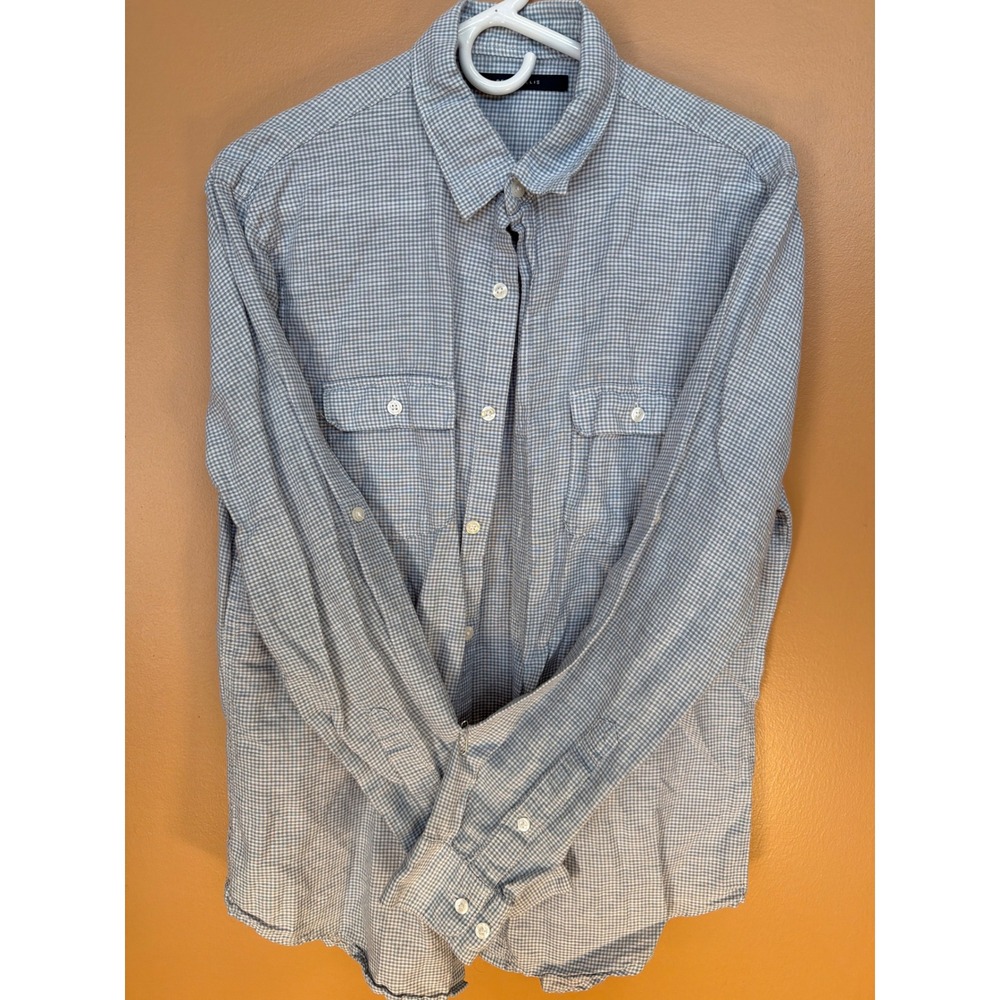 Perry Ellis Mens Linen Cotton Gingham Button Down Shirt Blue White Medium